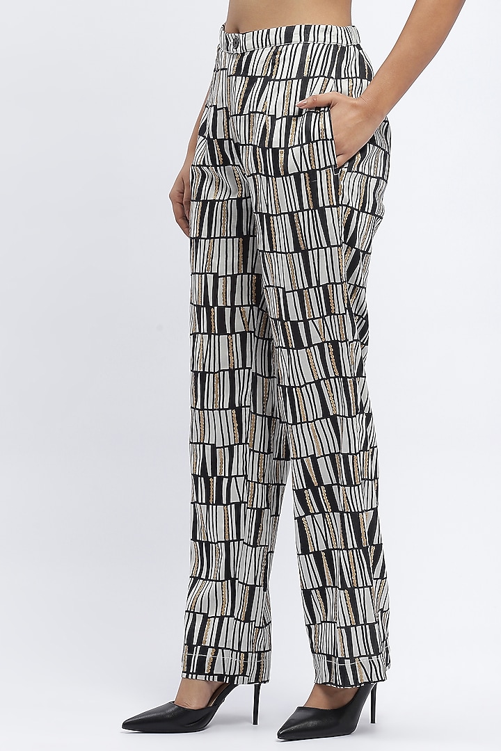 Black & Ivory Chanderi Digital Printed Trousers by Abraham & Thakore at Pernia's Pop Up Shop