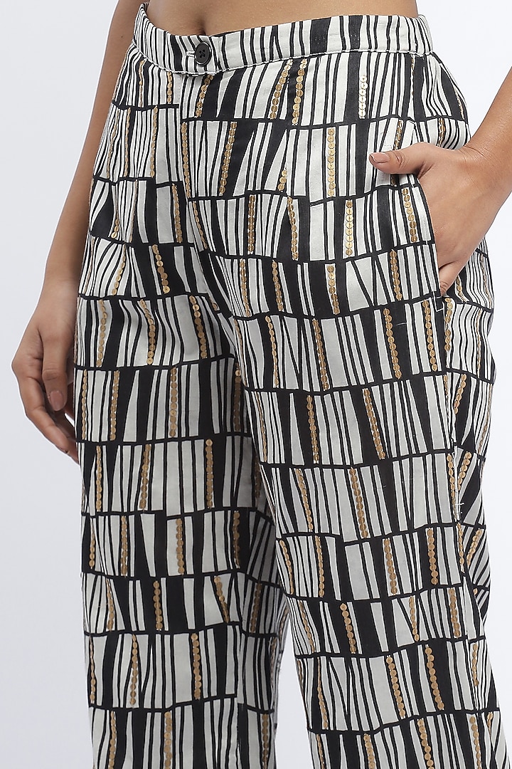 Black & Ivory Chanderi Digital Printed Trousers by Abraham & Thakore at Pernia's Pop Up Shop