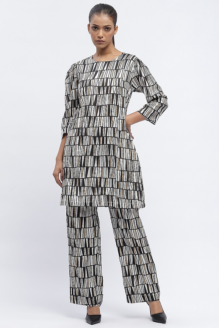 Black & Ivory Chanderi Digital Printed Mini Dress by Abraham & Thakore at Pernia's Pop Up Shop