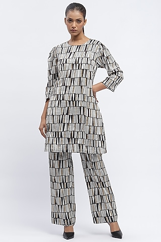 Black & Ivory Chanderi Digital Printed Mini Dress by Abraham & Thakore