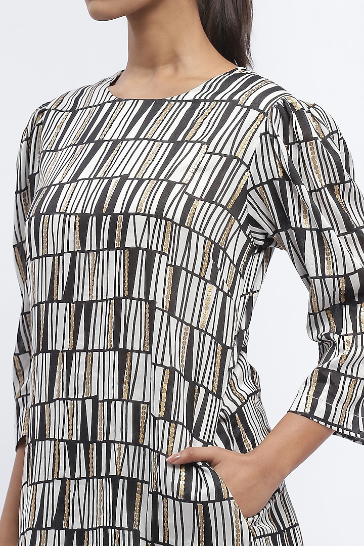 Black & Ivory Chanderi Digital Printed Mini Vacation Dress by Abraham & Thakore at Pernia's Pop Up Shop
