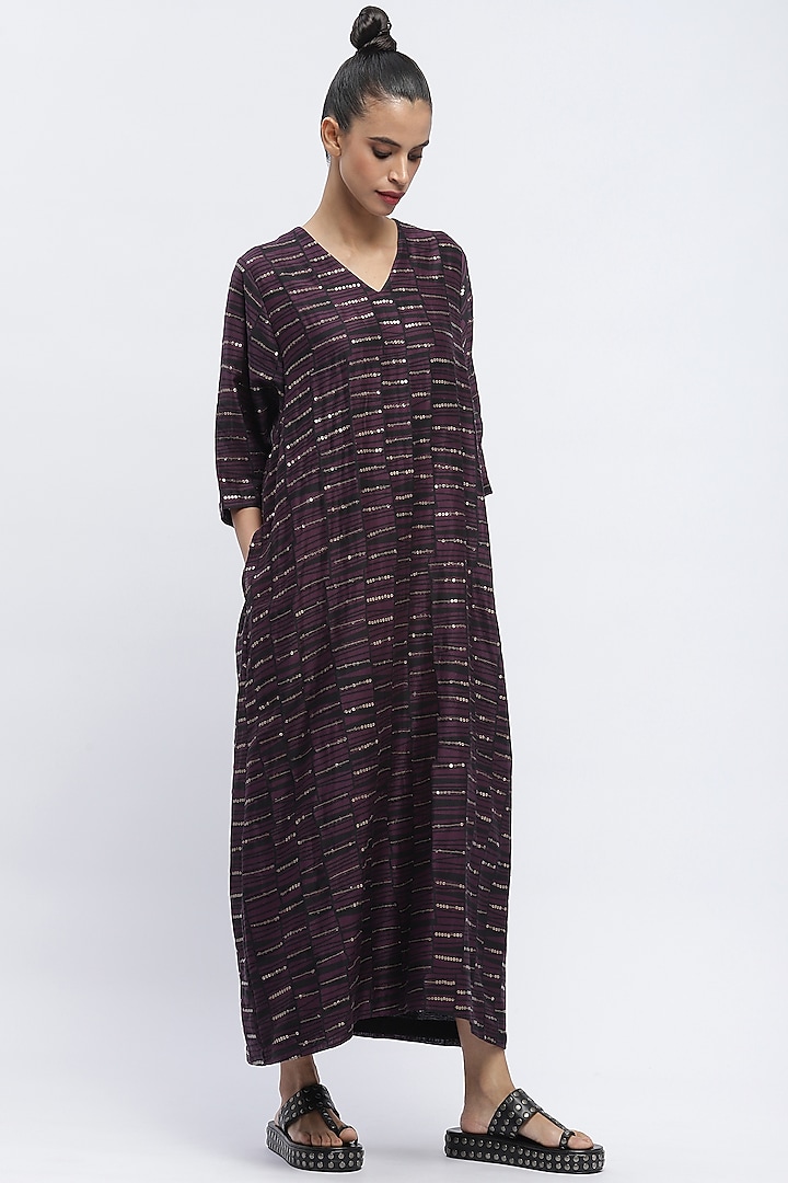 Aubergine Viscose Crepe Digital Printed Kaftan by Abraham & Thakore at Pernia's Pop Up Shop