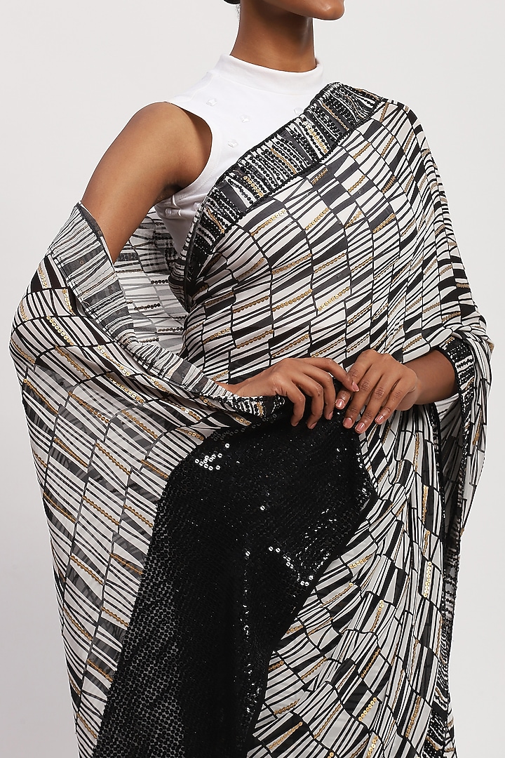 Ivory Viscose Crepe Digital Printed Wedding Saree by Abraham & Thakore at Pernia's Pop Up Shop