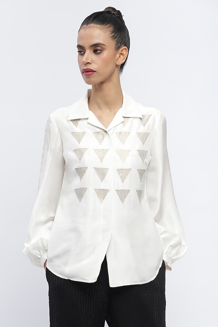 Ivory Silk Shantung Sequins Embroidered Shirt by Abraham & Thakore at Pernia's Pop Up Shop