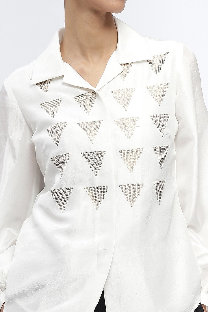 Ivory Silk Shantung Sequins Embroidered Shirt by Abraham & Thakore at Pernia's Pop Up Shop