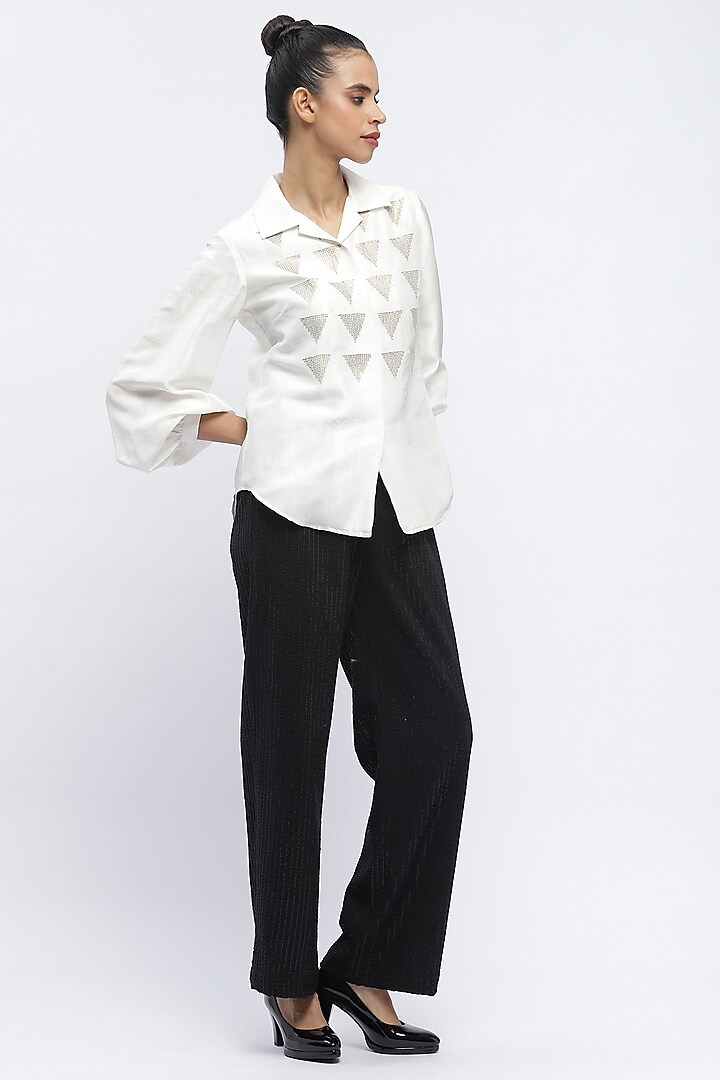 Ivory Silk Shantung Sequins Embroidered Shirt by Abraham & Thakore at Pernia's Pop Up Shop