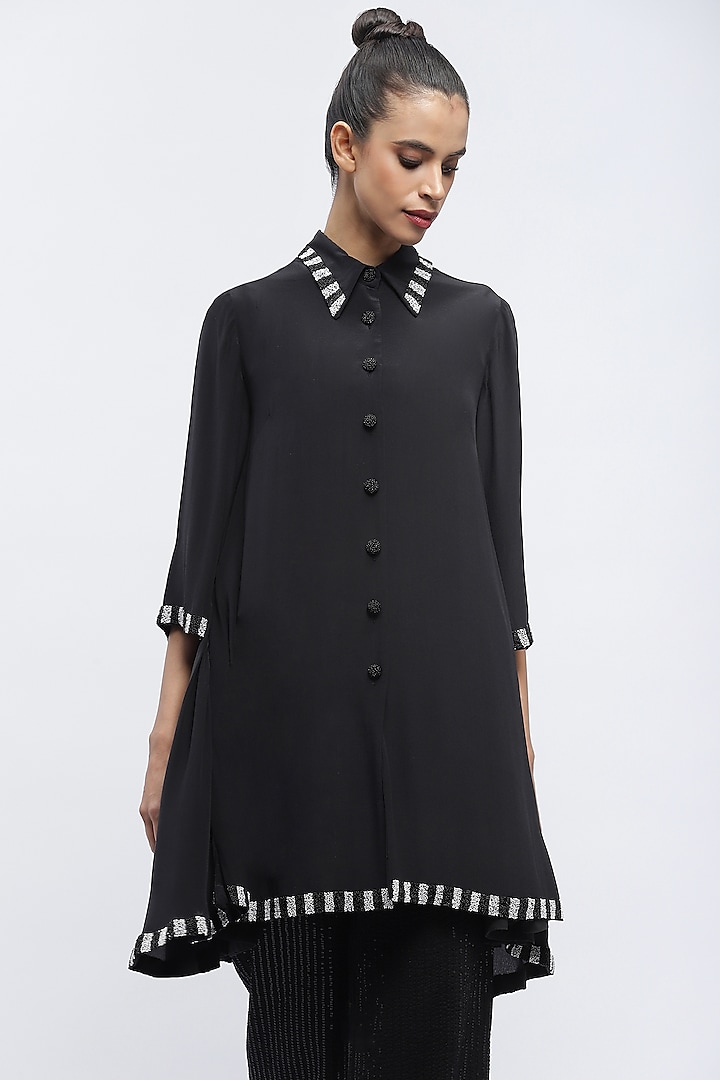 Black Fluid Crepe Digital Printed Mini Shirt Dress by Abraham & Thakore at Pernia's Pop Up Shop