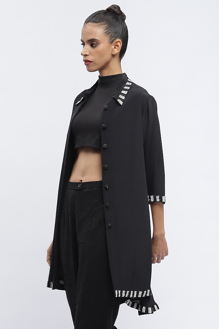 Black Fluid Crepe Digital Printed Mini Cocktail Shirt Dress by Abraham & Thakore at Pernia's Pop Up Shop