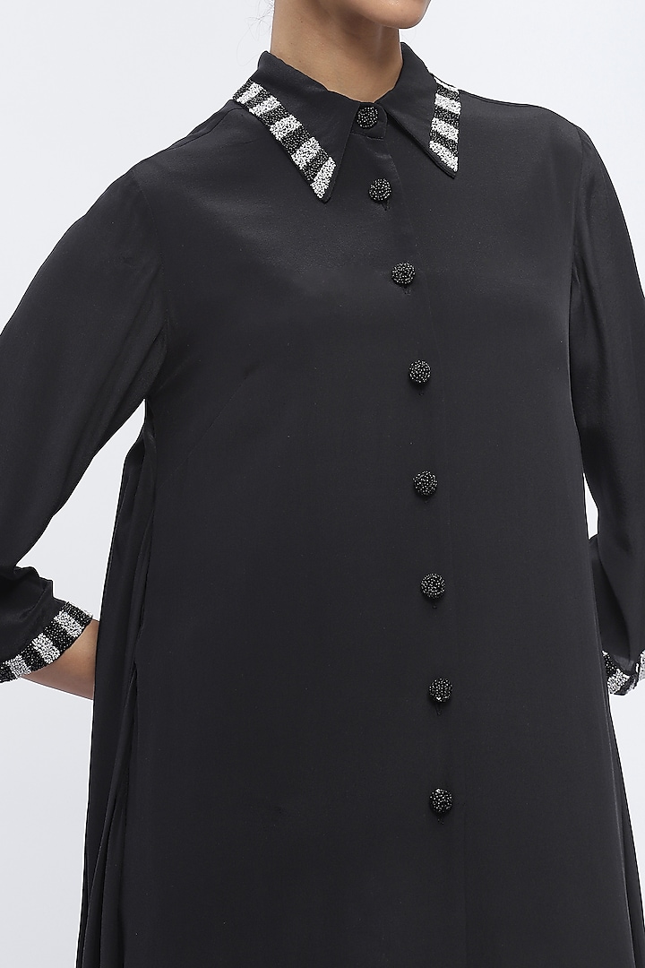 Black Fluid Crepe Digital Printed Mini Cocktail Shirt Dress by Abraham & Thakore at Pernia's Pop Up Shop