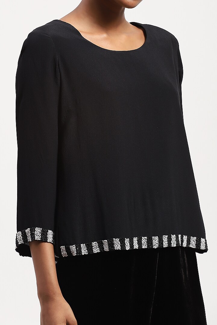 Black Fluid Crepe Digital Printed Top by Abraham & Thakore at Pernia's Pop Up Shop