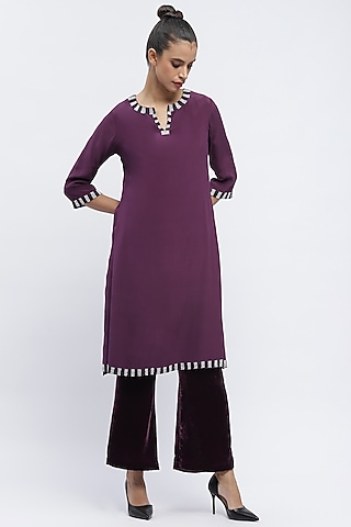 Aubergine Fluid Crepe Digital Printed Dress by Abraham & Thakore
