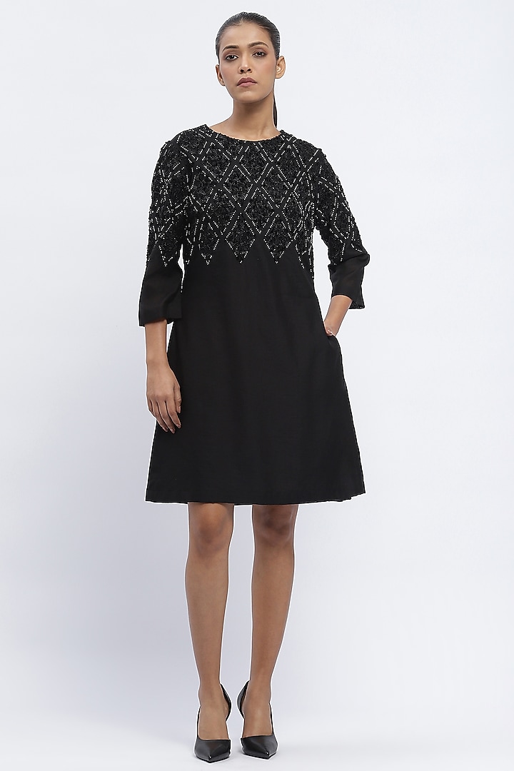 Black Fluid Chanderi Sequins Embroidered Mini Dress by Abraham & Thakore at Pernia's Pop Up Shop