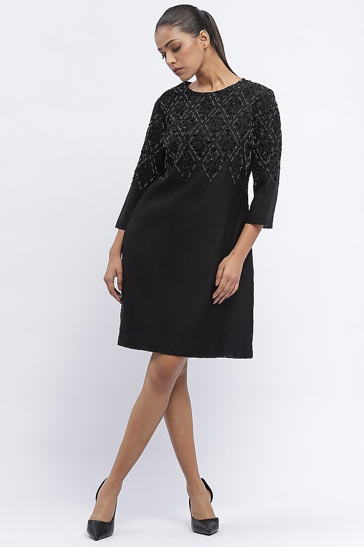 Black Fluid Chanderi Sequins Embroidered Mini Vacation Dress by Abraham & Thakore at Pernia's Pop Up Shop