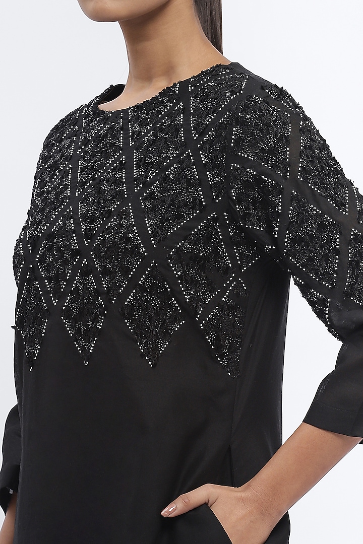 Black Fluid Chanderi Sequins Embroidered Mini Vacation Dress by Abraham & Thakore at Pernia's Pop Up Shop