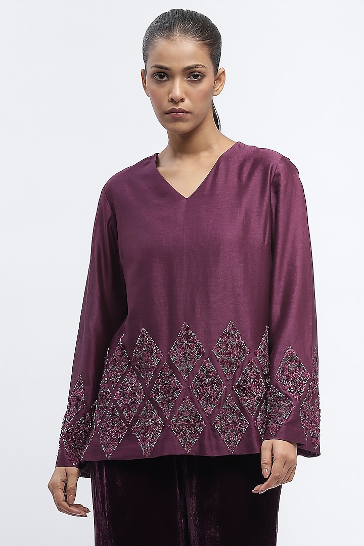 Aubergine Chanderi Sequins Embroidered Top by Abraham & Thakore at Pernia's Pop Up Shop