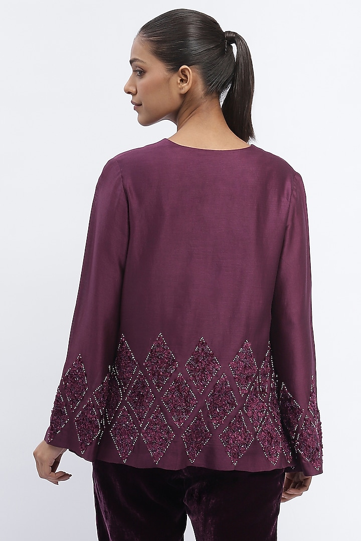 Aubergine Chanderi Sequins Embroidered Top by Abraham & Thakore at Pernia's Pop Up Shop