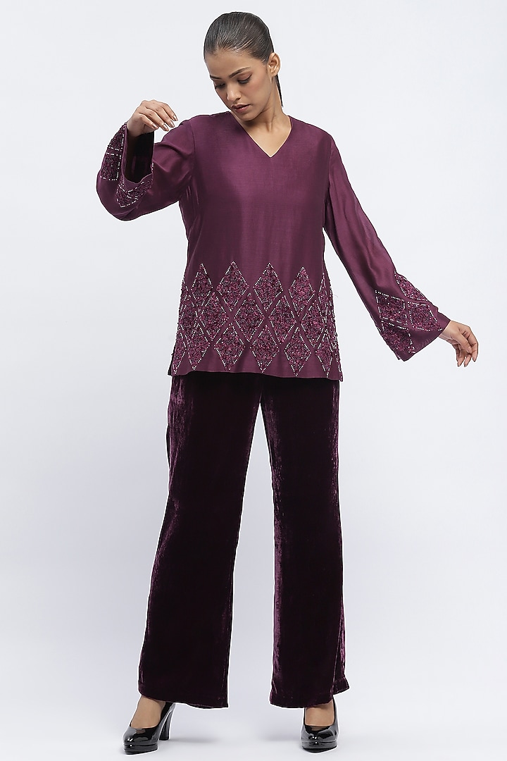 Aubergine Chanderi Sequins Embroidered Top by Abraham & Thakore at Pernia's Pop Up Shop