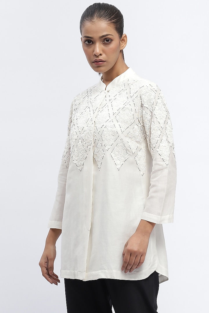 Ivory Fluid Chanderi Sequins Embroidered Shirt by Abraham & Thakore at Pernia's Pop Up Shop