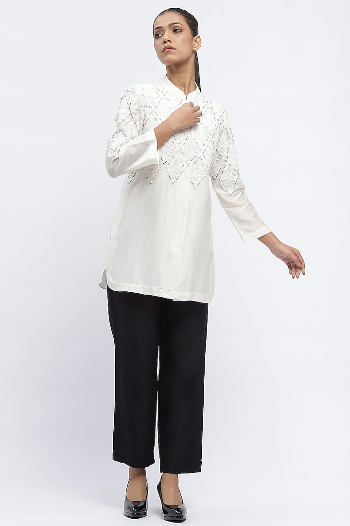 Ivory Fluid Chanderi Sequins Embroidered Shirt by Abraham & Thakore at Pernia's Pop Up Shop