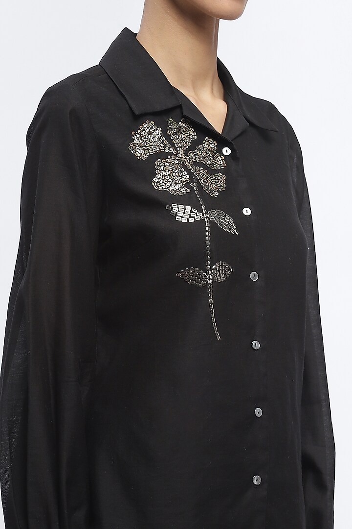 Black Fluid Chanderi Boota & Sequins Embroidered Shirt by Abraham & Thakore at Pernia's Pop Up Shop