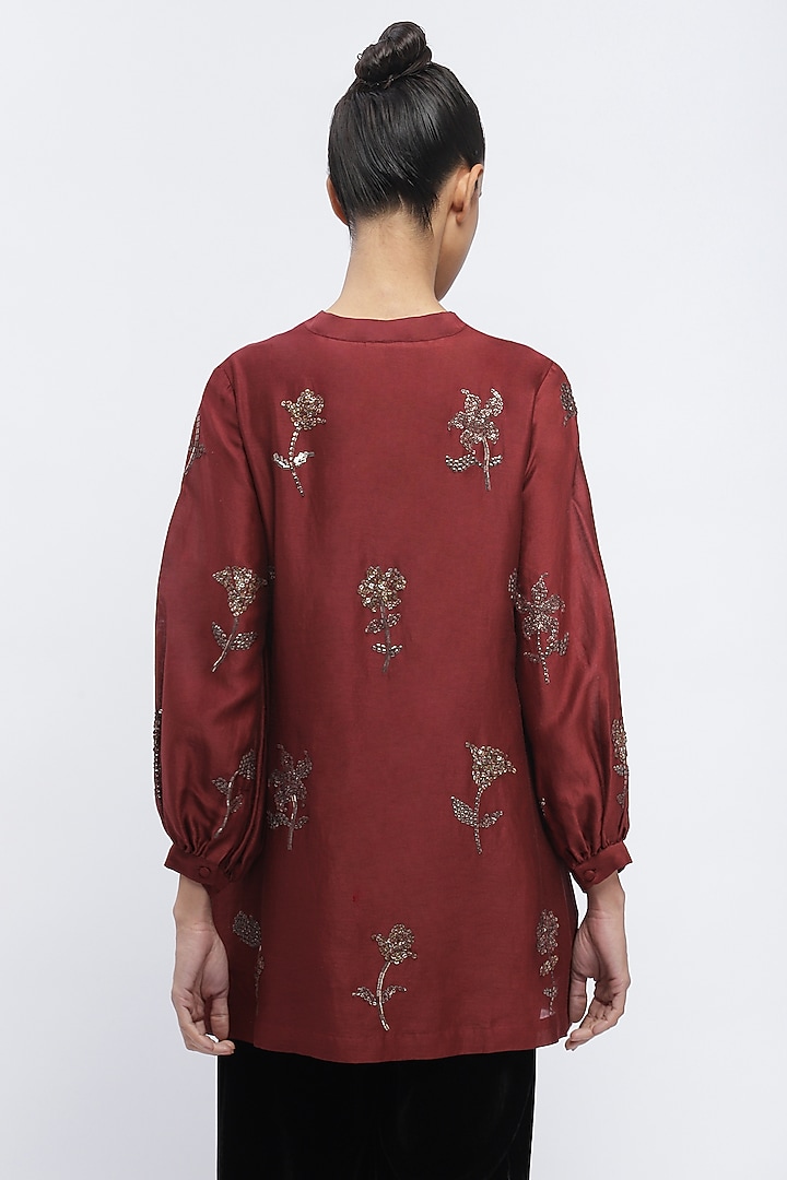 Burgundy Fluid Chanderi Boota & Sequins Embroidered Shirt by Abraham & Thakore at Pernia's Pop Up Shop