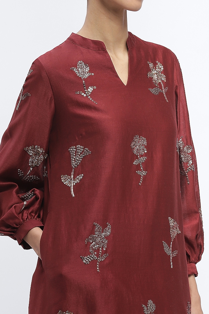 Burgundy Fluid Chanderi Boota & Sequins Embroidered Shirt by Abraham & Thakore at Pernia's Pop Up Shop
