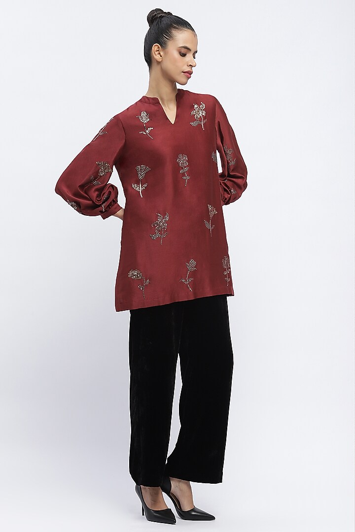Burgundy Fluid Chanderi Boota & Sequins Embroidered Shirt by Abraham & Thakore at Pernia's Pop Up Shop