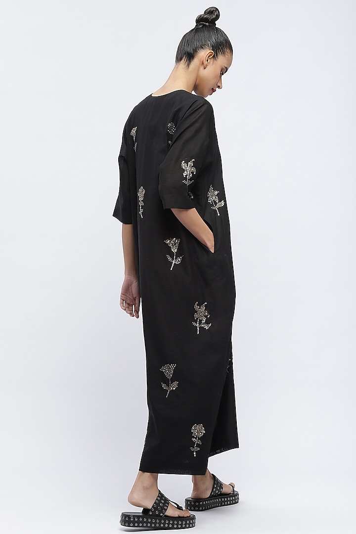 Black Fluid Crepe Sequins Embroidered Kaftan by Abraham & Thakore at Pernia's Pop Up Shop