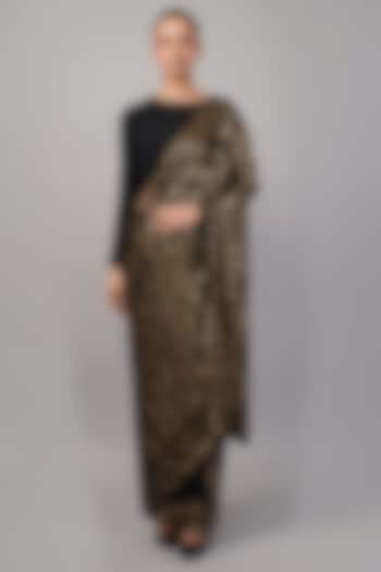 Black & Gold Viscose Georgette Sequins Embroidered Wedding Saree by Abraham & Thakore at Pernia's Pop Up Shop
