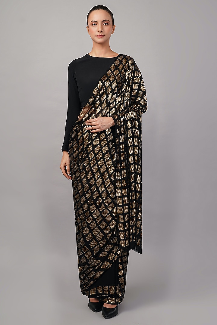 Black & Gold Viscose Georgette Sequins Embroidered Wedding Saree by Abraham & Thakore at Pernia's Pop Up Shop