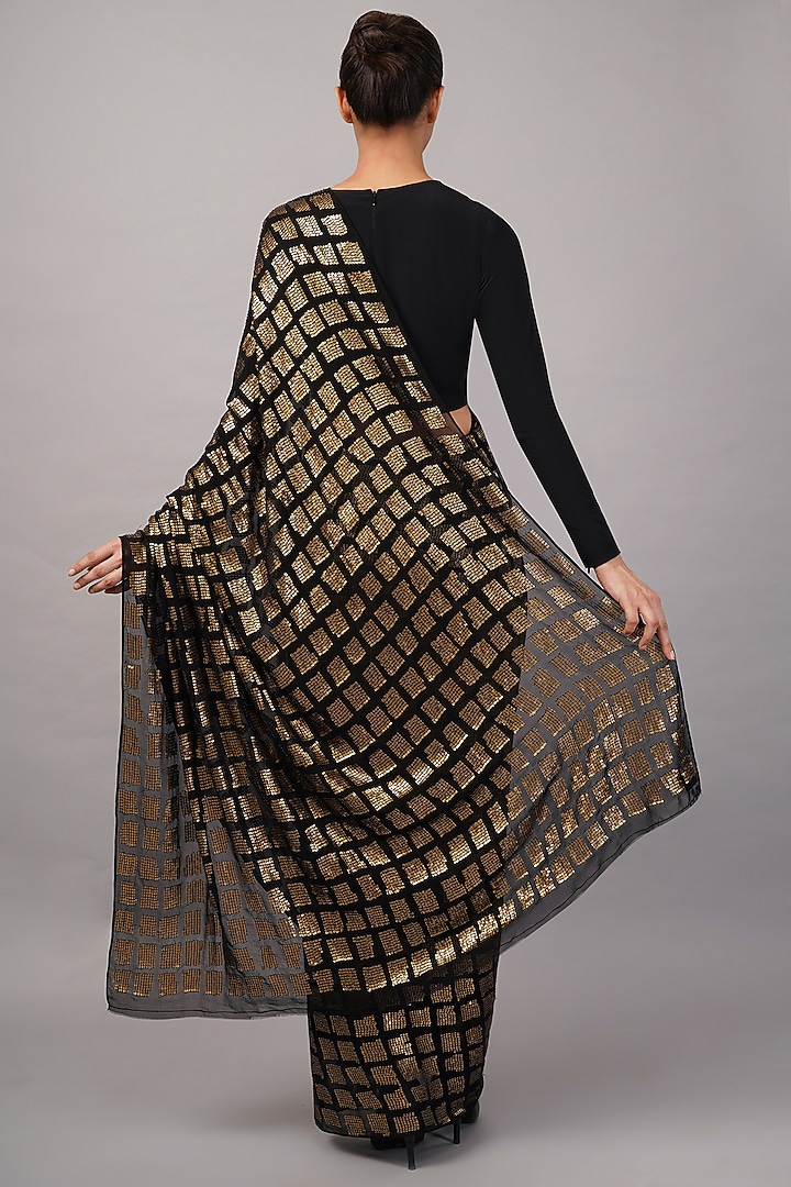 Black & Gold Viscose Georgette Sequins Embroidered Wedding Saree by Abraham & Thakore at Pernia's Pop Up Shop