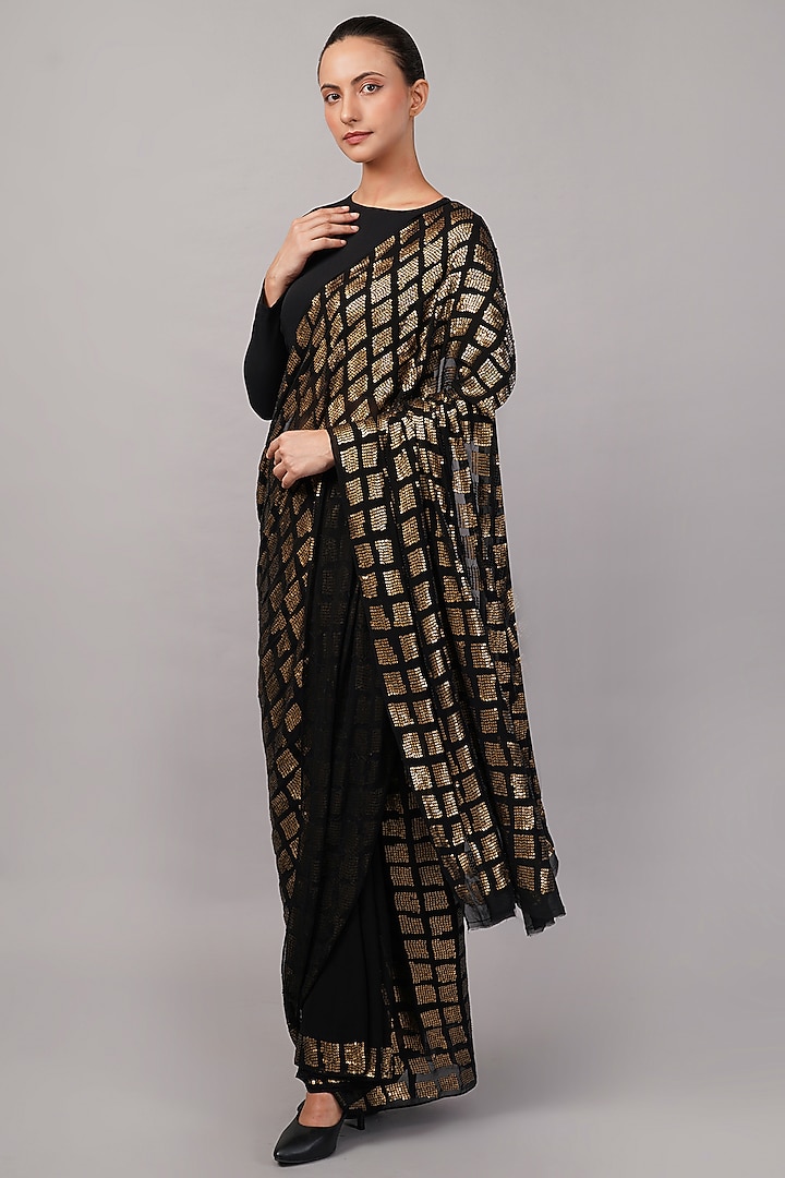 Black & Gold Viscose Georgette Sequins Embroidered Wedding Saree by Abraham & Thakore at Pernia's Pop Up Shop