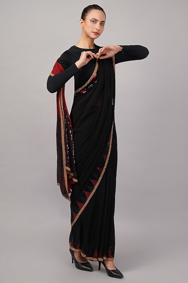 Maroon & Black Viscose Georgette Sequins Embroidered Wedding Saree by Abraham & Thakore at Pernia's Pop Up Shop