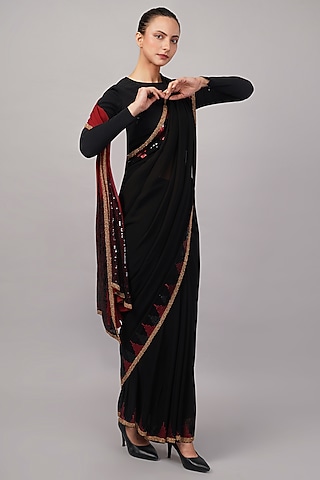 Maroon & Black Viscose Georgette Sequins Embroidered Saree by Abraham & Thakore