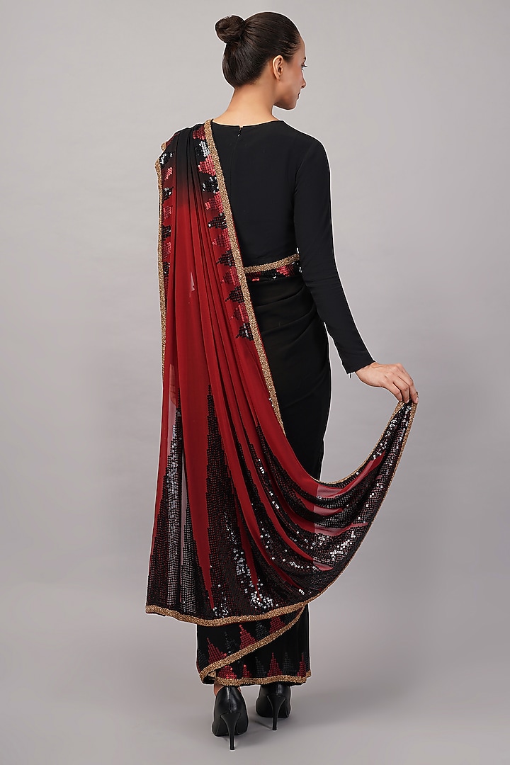 Maroon & Black Viscose Georgette Sequins Embroidered Wedding Saree by Abraham & Thakore at Pernia's Pop Up Shop