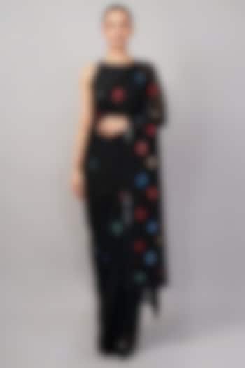 Black Viscose Georgette Polka Dot Motif Embroidered Wedding Saree by Abraham & Thakore at Pernia's Pop Up Shop