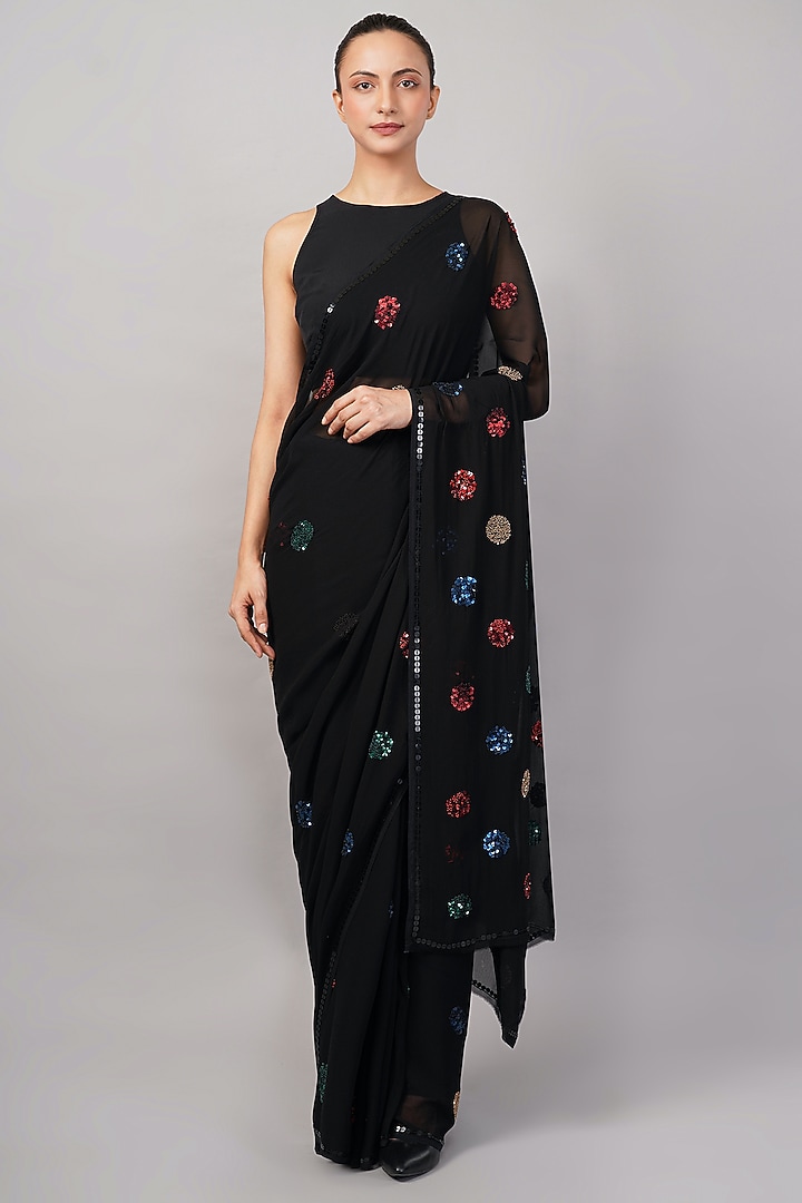 Black Viscose Georgette Polka Dot Motif Embroidered Wedding Saree by Abraham & Thakore at Pernia's Pop Up Shop