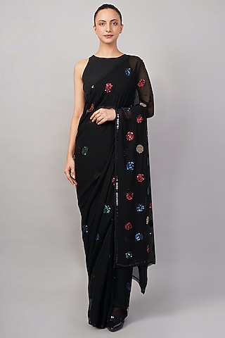 Black Viscose Georgette Polka Dot Motif Embroidered Saree by Abraham & Thakore
