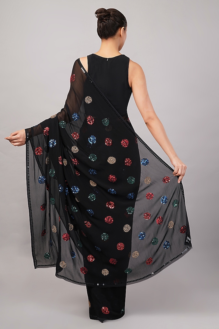 Black Viscose Georgette Polka Dot Motif Embroidered Wedding Saree by Abraham & Thakore at Pernia's Pop Up Shop