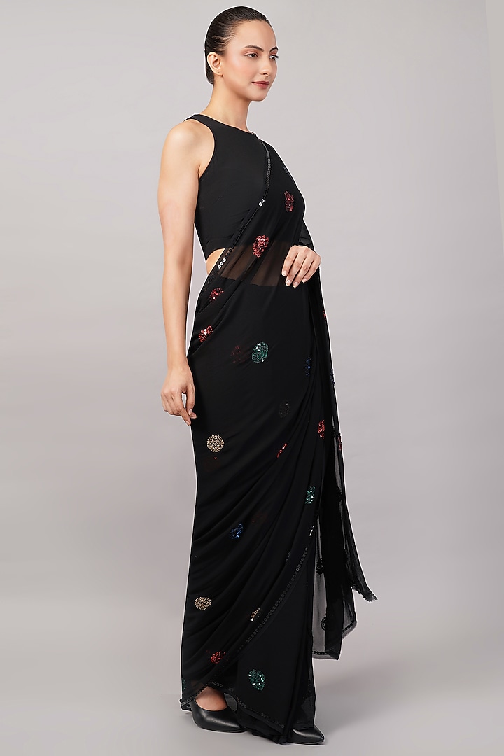 Black Viscose Georgette Polka Dot Motif Embroidered Wedding Saree by Abraham & Thakore at Pernia's Pop Up Shop