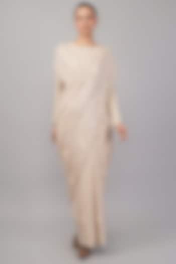 Beige Viscose Georgette Polka Dot Motif Embroidered Wedding Saree by Abraham & Thakore at Pernia's Pop Up Shop