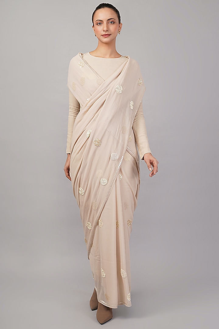Beige Viscose Georgette Polka Dot Motif Embroidered Wedding Saree by Abraham & Thakore at Pernia's Pop Up Shop