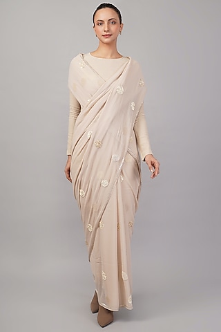 Beige Viscose Georgette Polka Dot Motif Embroidered Saree by Abraham & Thakore