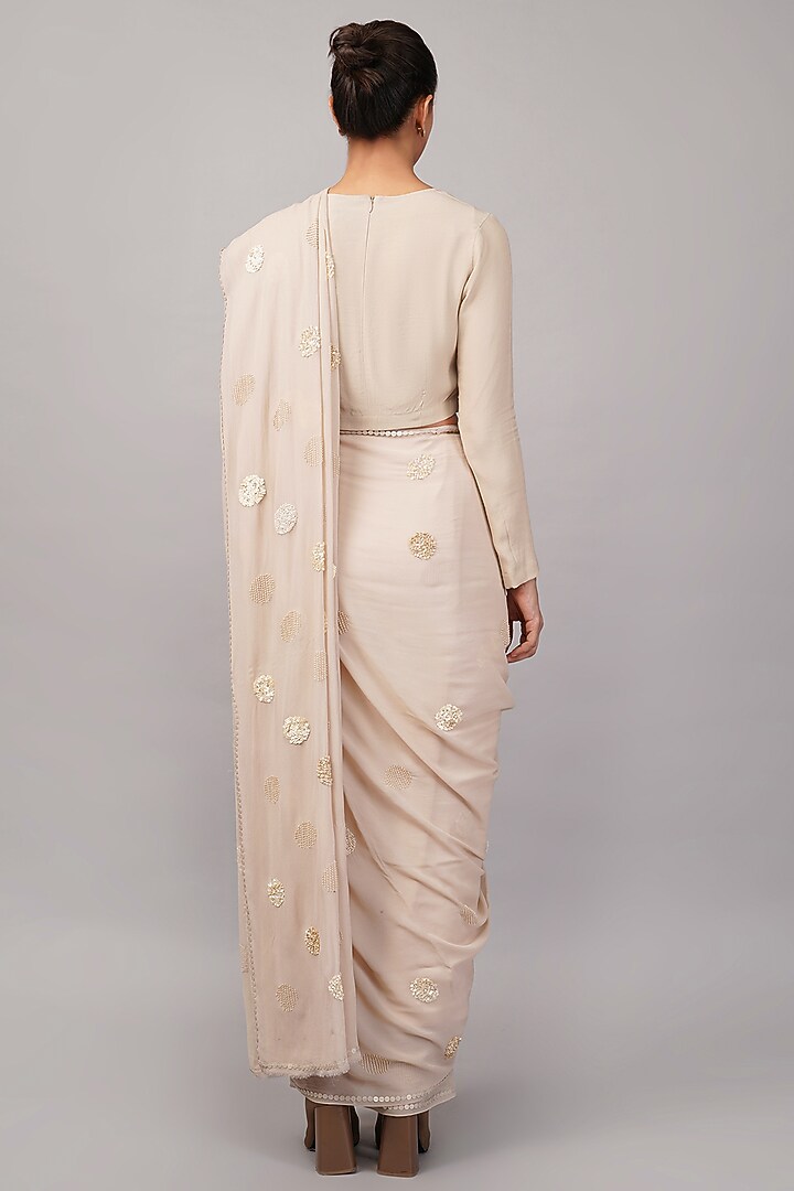 Beige Viscose Georgette Polka Dot Motif Embroidered Wedding Saree by Abraham & Thakore at Pernia's Pop Up Shop