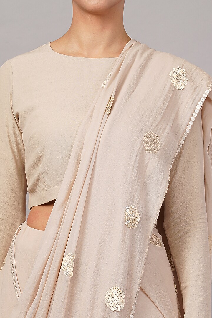 Beige Viscose Georgette Polka Dot Motif Embroidered Wedding Saree by Abraham & Thakore at Pernia's Pop Up Shop