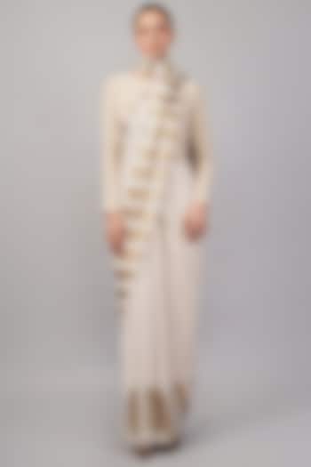 Beige Viscose Georgette Motif Hand Embroidered Ikat Wedding Saree by Abraham & Thakore at Pernia's Pop Up Shop