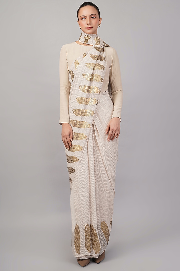 Beige Viscose Georgette Motif Hand Embroidered Ikat Wedding Saree by Abraham & Thakore at Pernia's Pop Up Shop