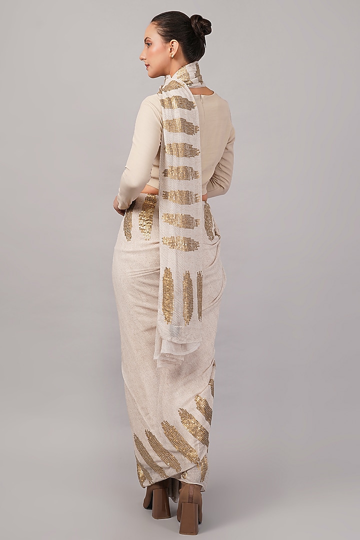Beige Viscose Georgette Motif Hand Embroidered Ikat Wedding Saree by Abraham & Thakore at Pernia's Pop Up Shop