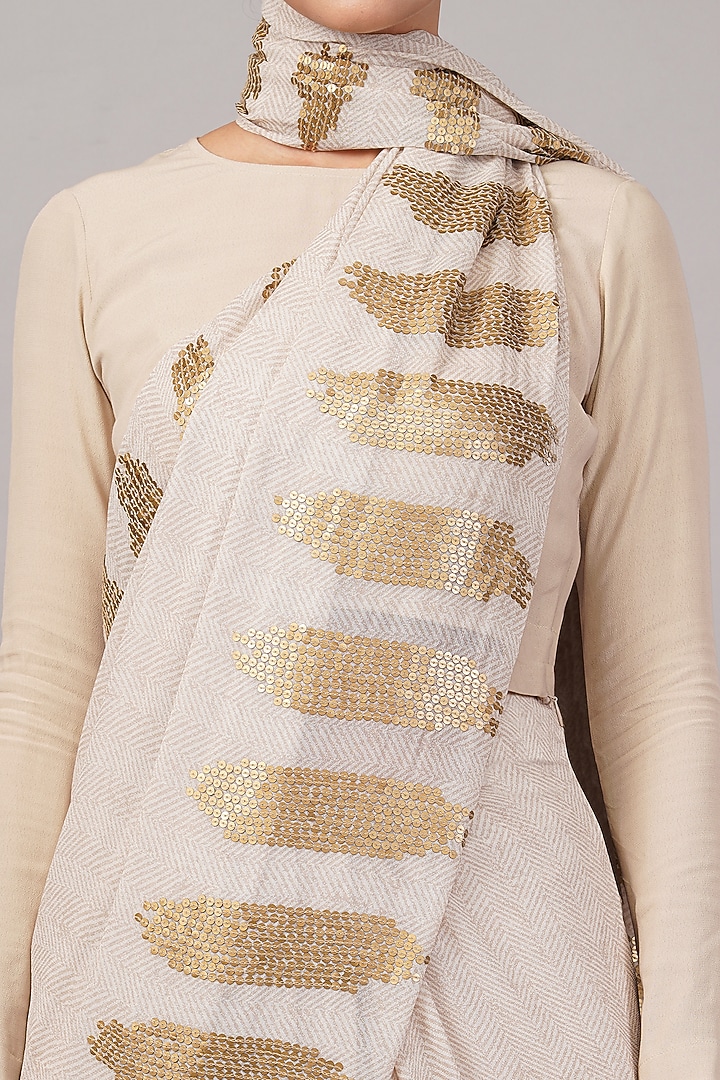 Beige Viscose Georgette Motif Hand Embroidered Ikat Wedding Saree by Abraham & Thakore at Pernia's Pop Up Shop