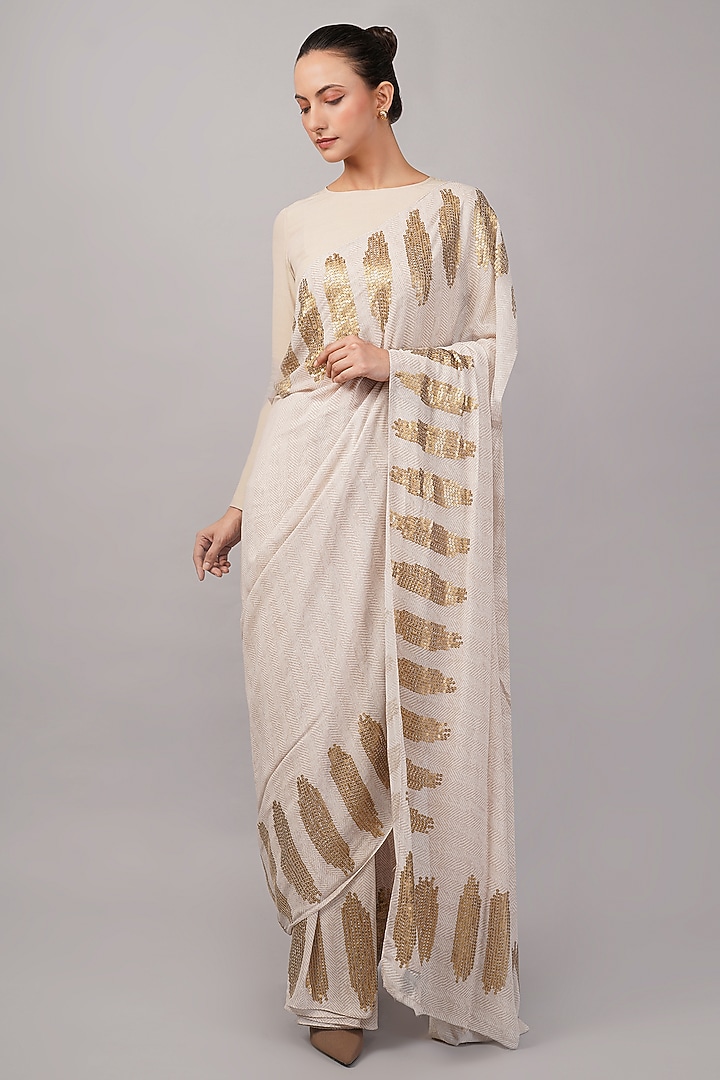 Beige Viscose Georgette Motif Hand Embroidered Ikat Wedding Saree by Abraham & Thakore at Pernia's Pop Up Shop